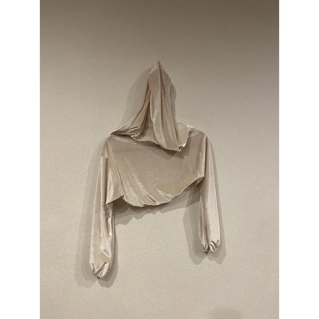 Sculptor Hooded Cardigan Womens Medium Beige Velvet Ruffle Long Sleeve Shirt - Image 3