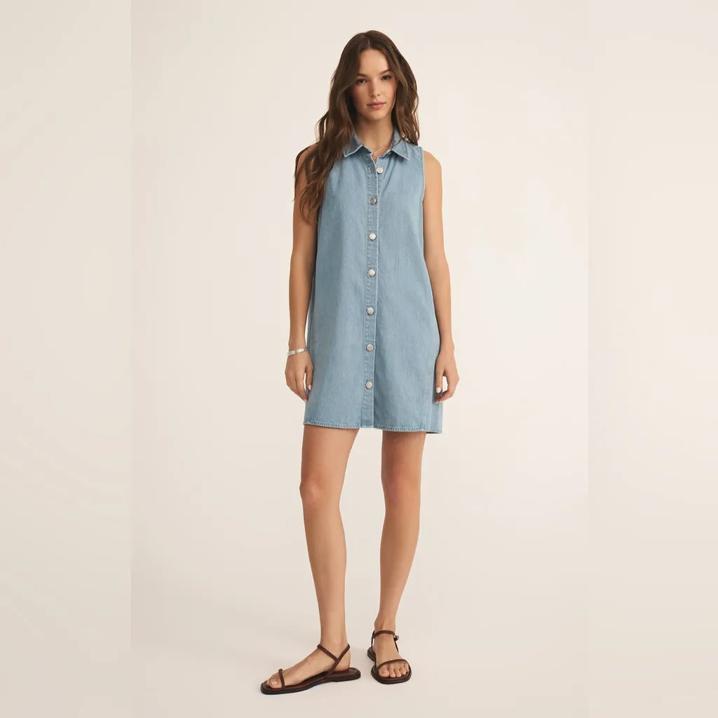 Z Supply NEW LIGHT DENIM MINI DRESS Large - Image 8