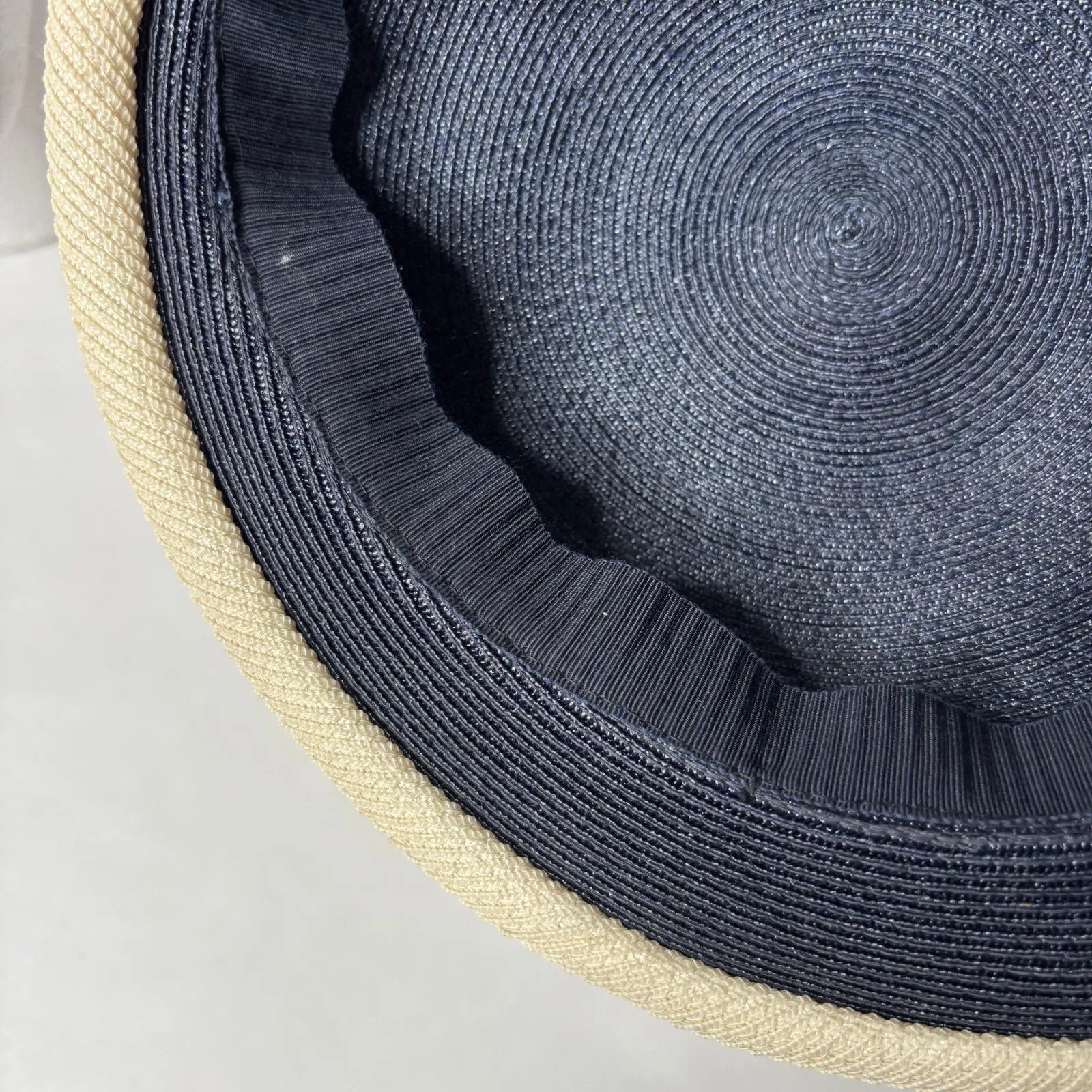 Vintage Womens Navy Blue Straw Hat With Red Ribbon Trim and Lattice Detail - Image 6