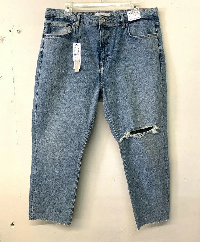 Topshop Womens Blue Ripped Straight Leg High Waisted Raw Hem Jeans Size 14 - Image 3