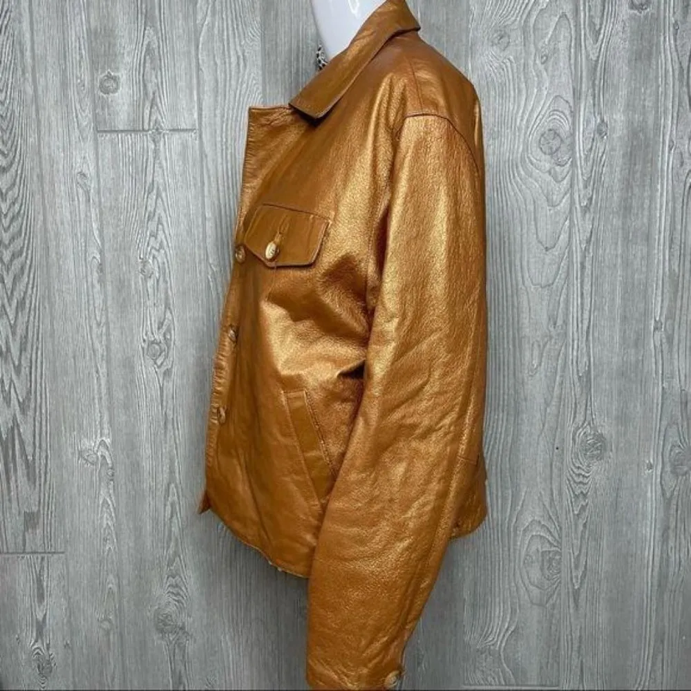Vintage braefair leather metallic gold genuine leather button front jacket LG - Image 4