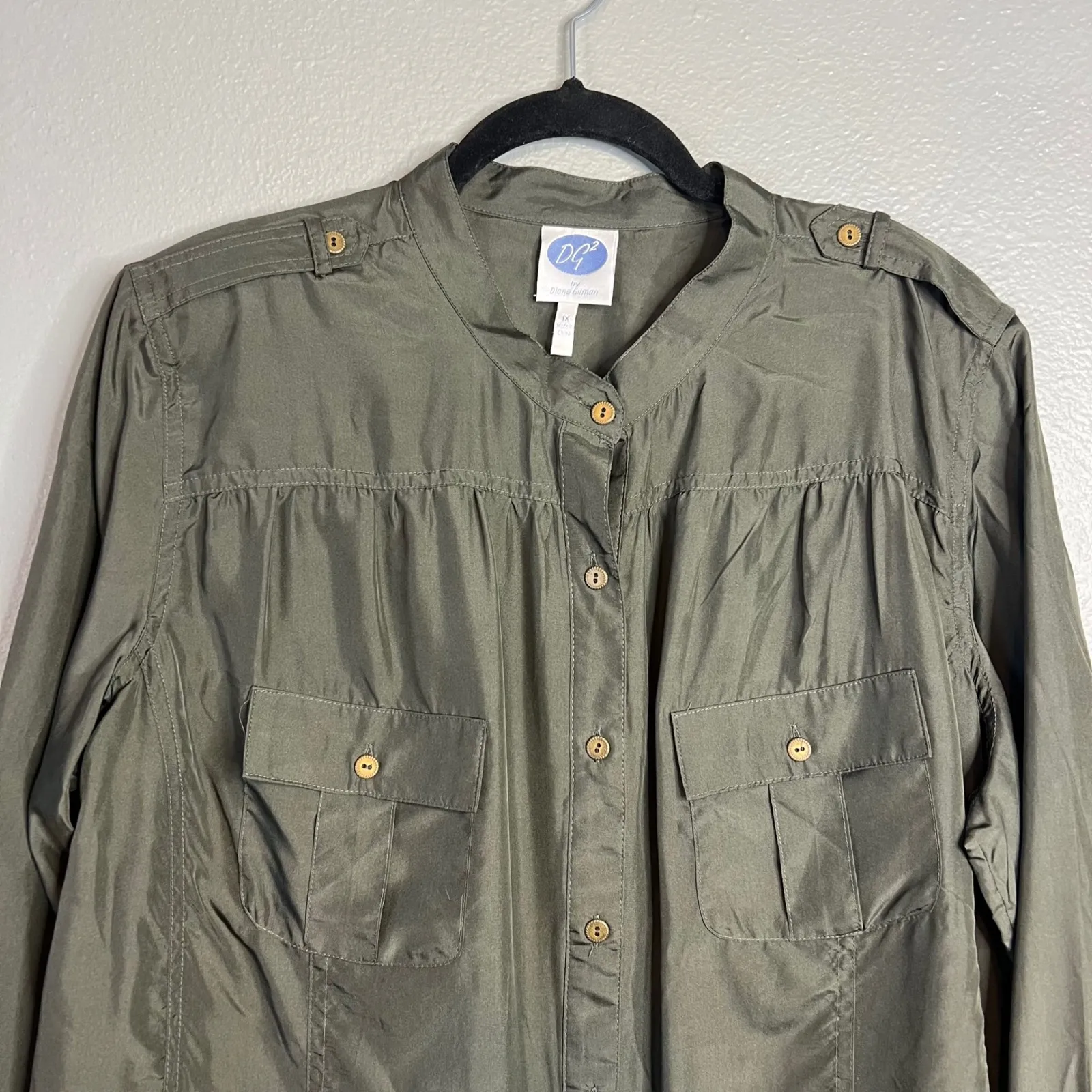 Diane Gilman DG2 Silk Shirt Plus Size 1X Button Olive Green Safari Career Casual - Image 4