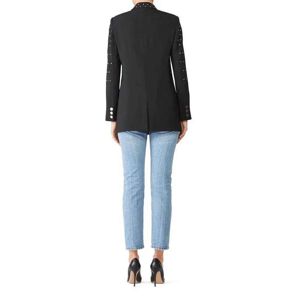BADGLEY MISCHKA Black Gold Studded Grommets Tailored Edgy Blazer Size 0 - Image 3
