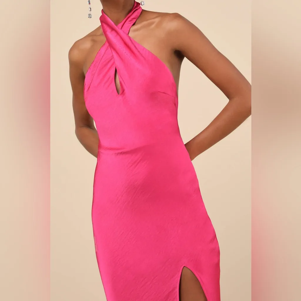 Lulus Beyond Classy Hot Pink Satin Halter Midi Dress - Image 3