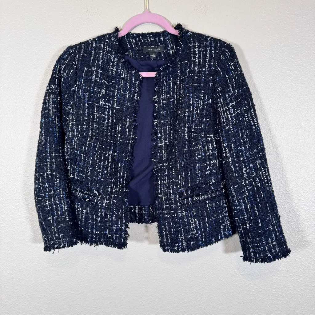 Ann Taylor Blue Black Tweed Fringe Blazer Jacket Womens 4 Preppy Academia Fall - Image 10
