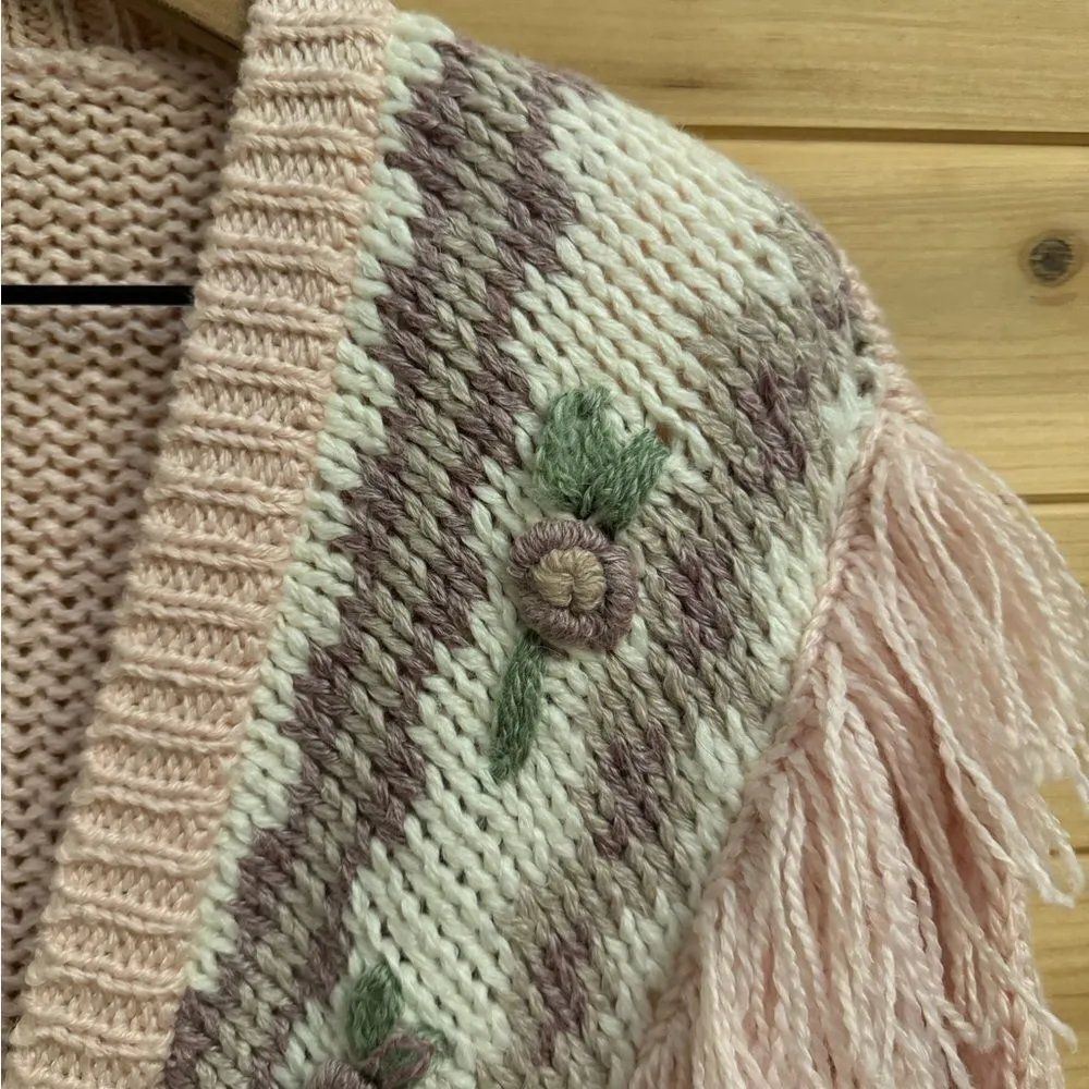 Vintage Diversity Size Large Coquette Girl Floral Fringe Baby Pink Cardigan - Image 6