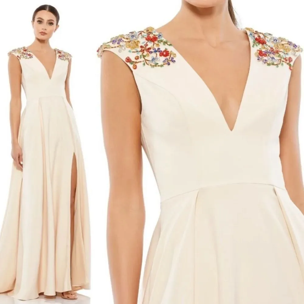 Mac Duggal 26540 Ieena Beaded Cap Sleeve V Neck A Line Gown Dress Cream Size 4 - Image 3