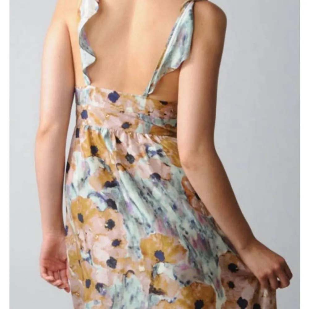 Galla Dress Silk Watercolor Wrapover Bodice Open Back Ruffled Tie Waist 8 - Image 4