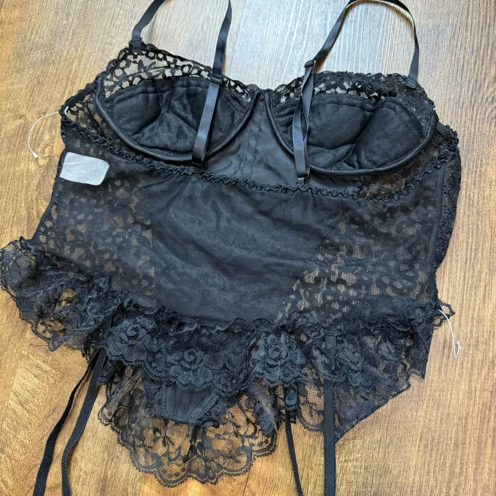 Vtg Y2K Black Babydoll Corset Bustier Top w Garter Straps Sz Large Satin Lace - Image 14