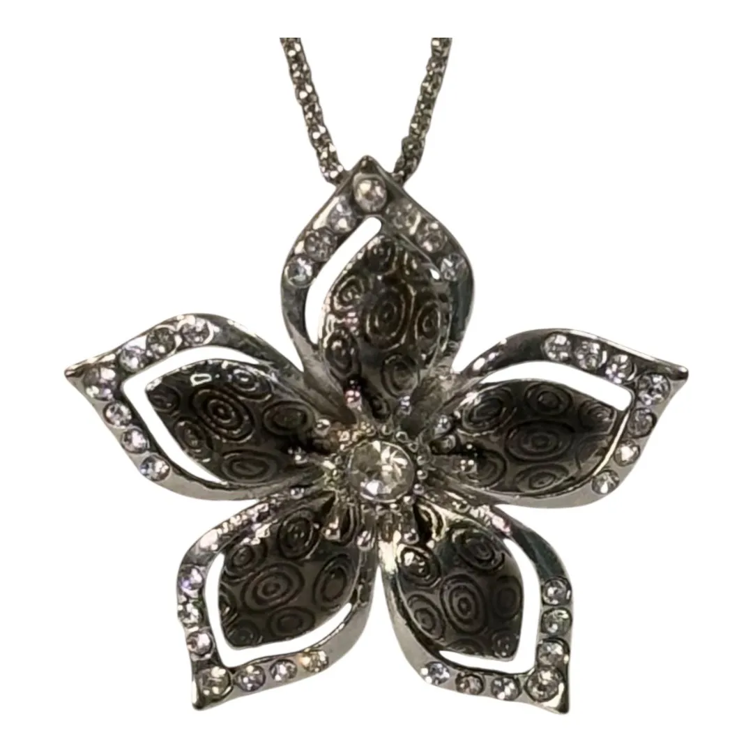Flower Necklace Earring Set Silver‎ Tone Rhinestone Floral Jewelry Silver - Image 3