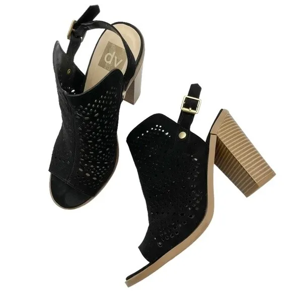 DV Dolce Vita Kassi Black Suede Slingback Peep Toe Block Heel Sandal Size 7 - Image 2
