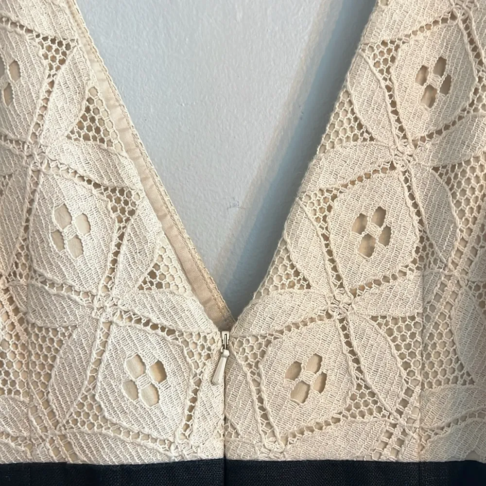 Kay Unger Embroidered Lace Linen Blend Dress Black Cream Belted Cocktail Size 2 - Image 6