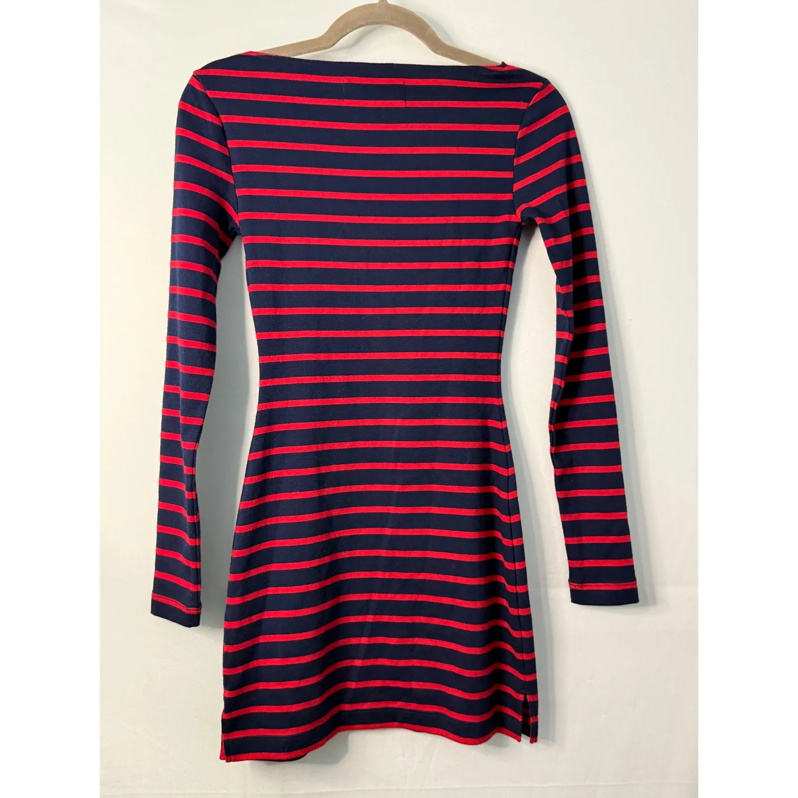 Abercrombie Fitch Navy Red Striped Boatneck Button Shoulder Mini Dress XS - Image 3