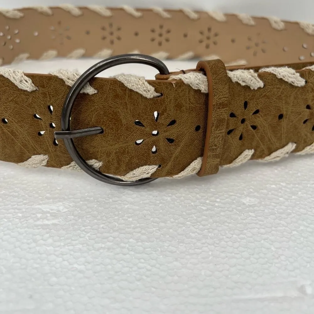 Women's belt large vegan leather crochet lace woven floral laser cut adjustable Tan - Image 2