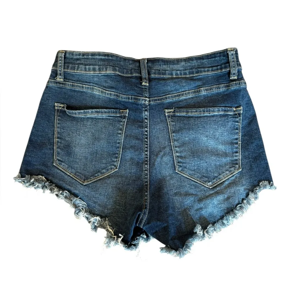 KanCan High Waisted Jeans Shorts Frayed Hem Womens Size 11 Blue - Image 2