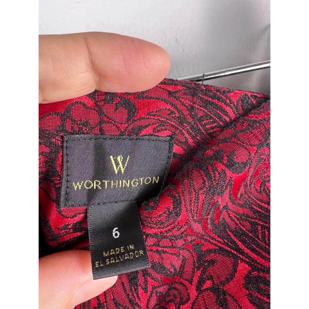 Worthington Red Black Damask Pencil Skirt Womens Size 6 Lined Front Slit Career - Image 3