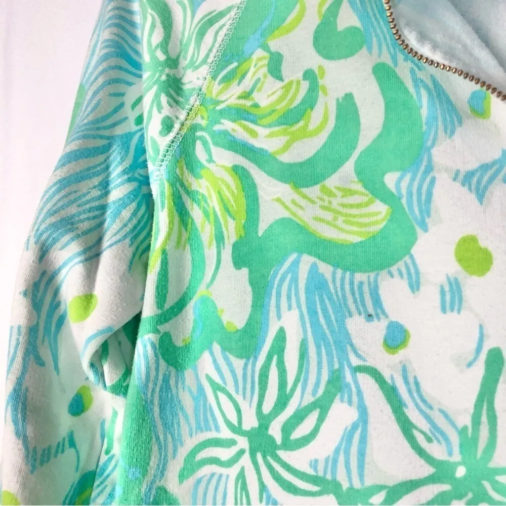 Lilly Pulitzer Skipper UPF 50 Green & Blue Floral Quarter Zip Pullover S - Image 4
