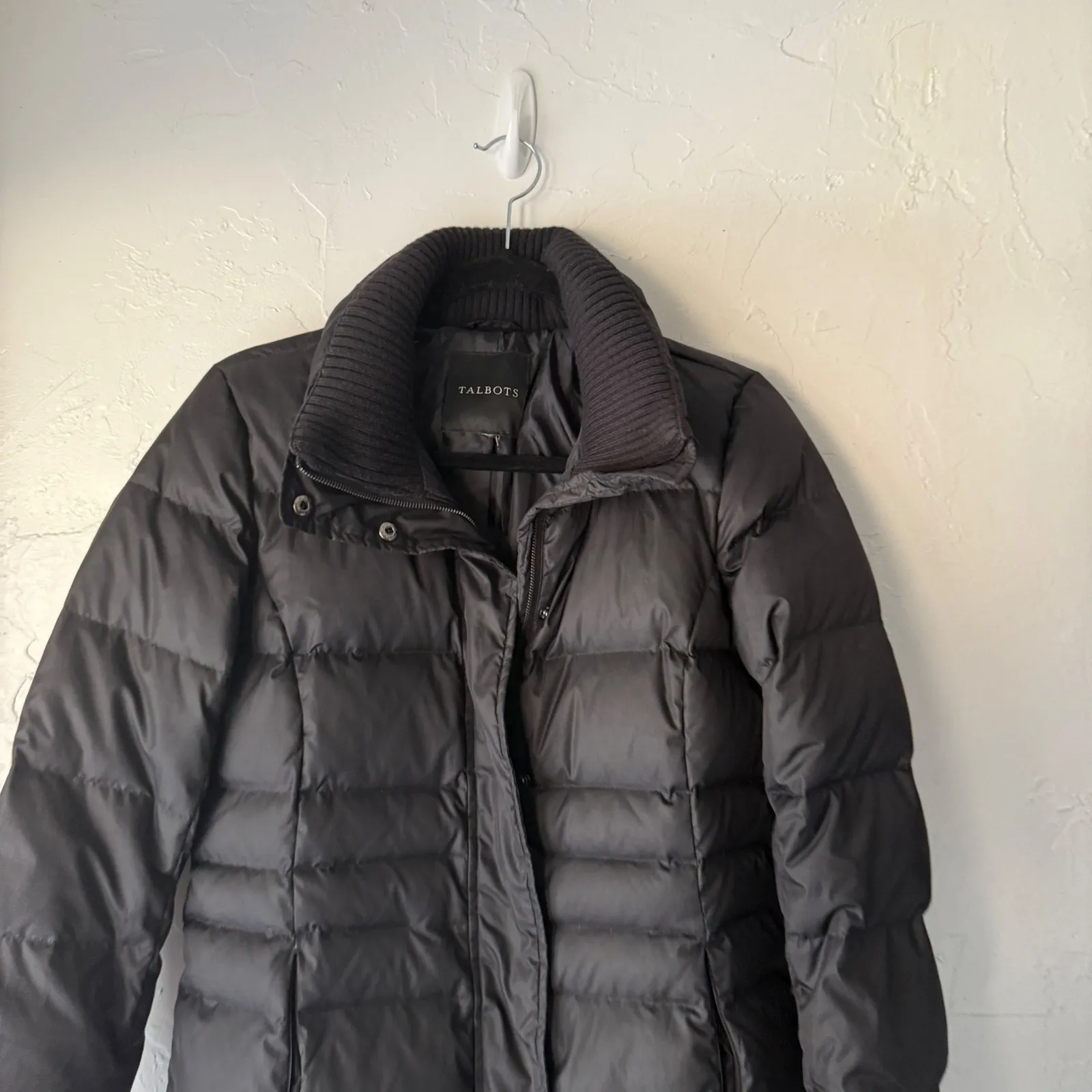 Talbots Women Black Puffer Coat Quilted Full Zip Stand Collar Mid Length Down Sm - Image 2