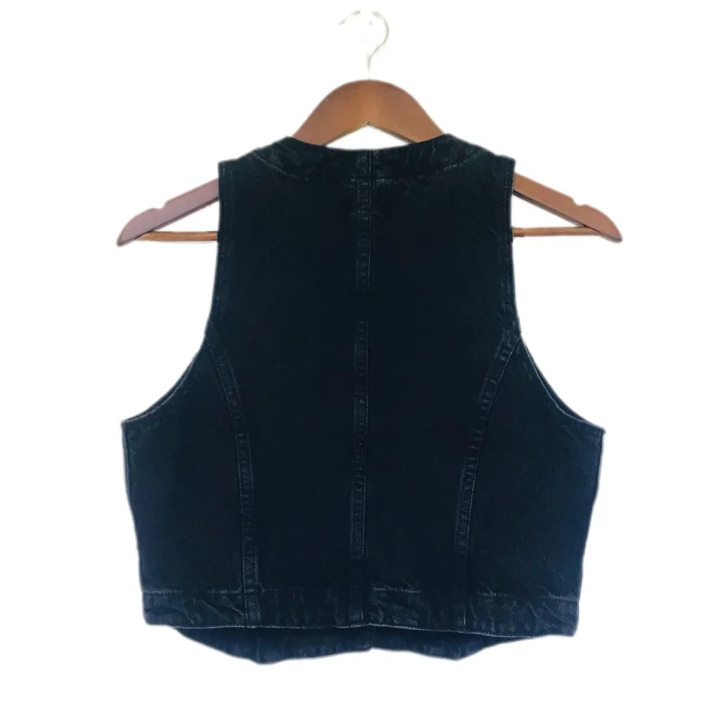 EDWIN Women’s Black‎ Denim Button Front Biker Vest Motorcycle Western Size Small Black - Image 2