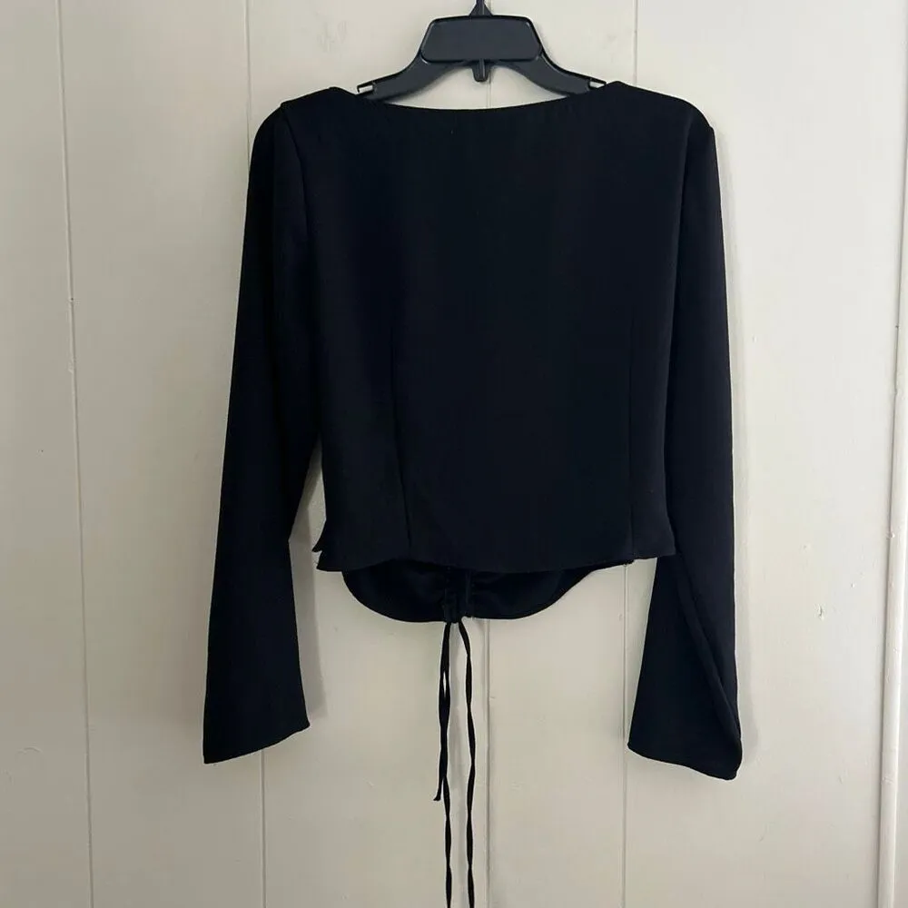 ZARA Black Ruched Tie-Front Long Sleeve Crop Top | Adjustable Drawstring | Size - Image 2