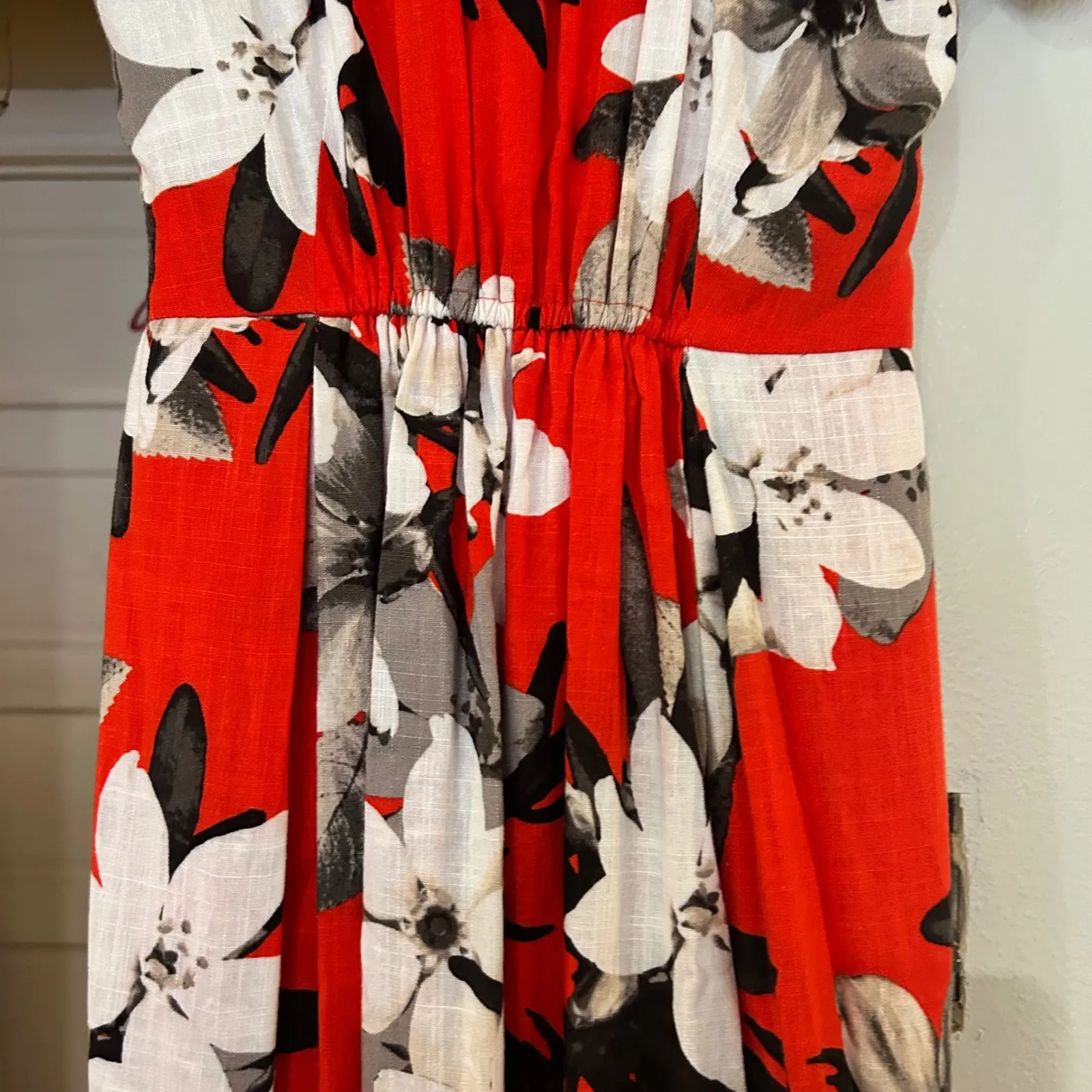 Simply Vera Vera‎ Wang Red Floral Print Dress Short Sleeve Belted Linen Small - Image 10