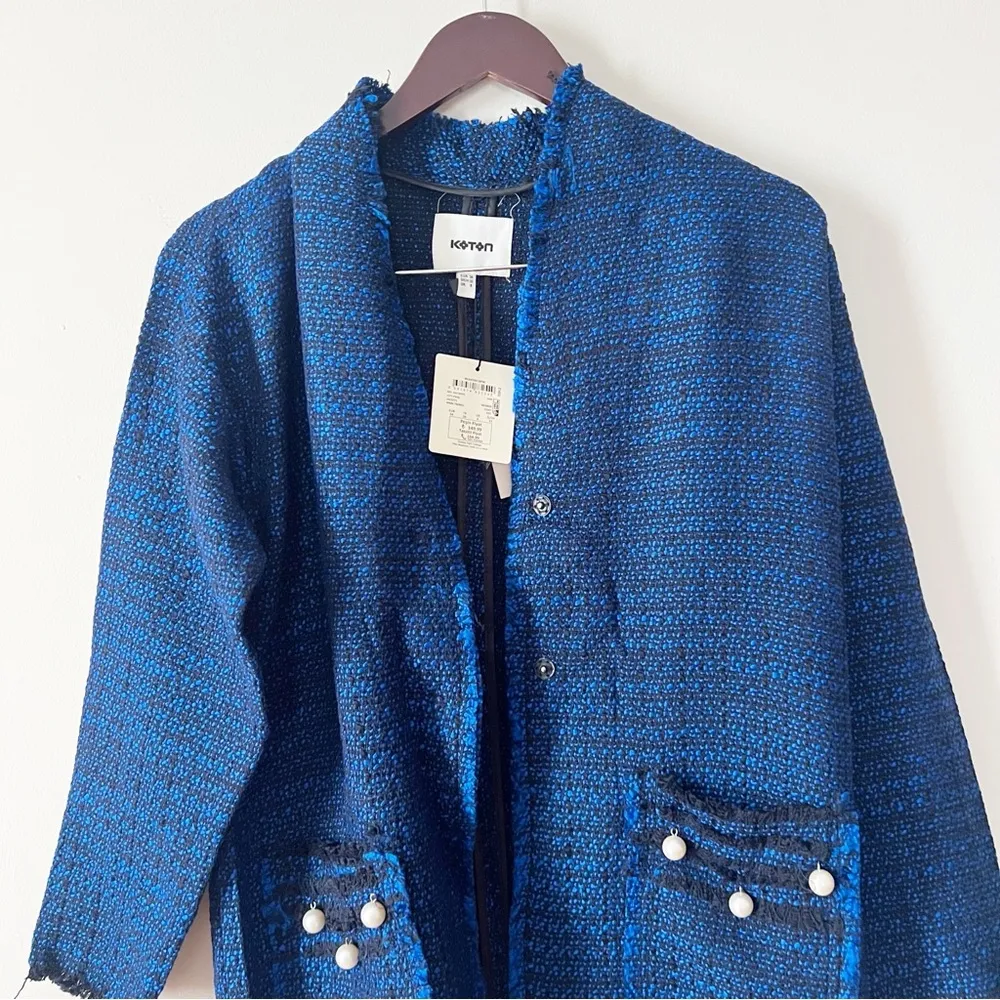 Koton Blue/Black Plaid Tweed Midi Lightweight Coat Formal Pearl Accents NEW Blue Size M - Image 2