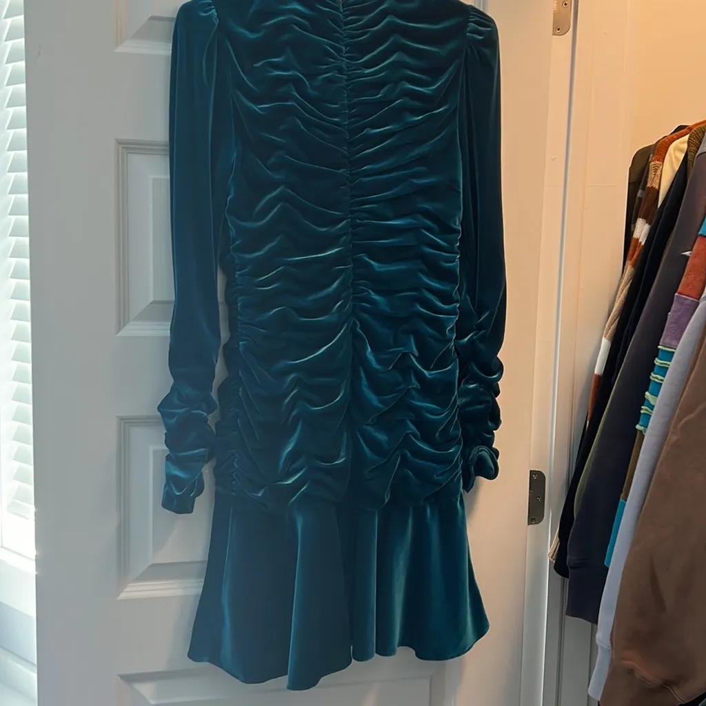 ML MONIQUE LHUILLIER metalic turquoise, blue long sleeve dress - Image 11