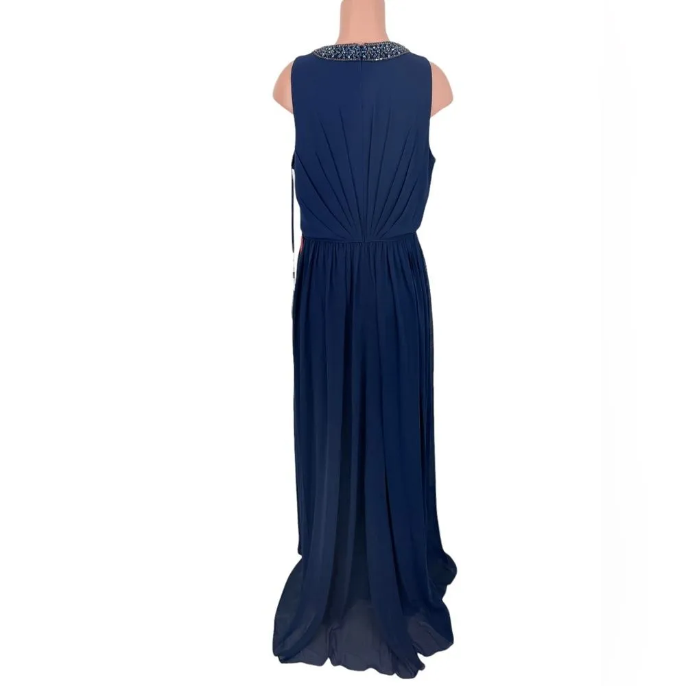 NWT Mac Duggal Ieena Bejeweled Neckline Pleated Chiffon Gown Size‎ 14 Navy Blue - Image 7