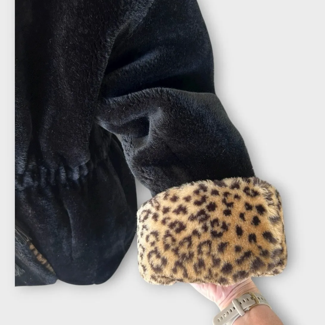 Vintage Monterey Fashions Faux Fur Coat Leopard Print Black Belted Women’s Large - Image 10