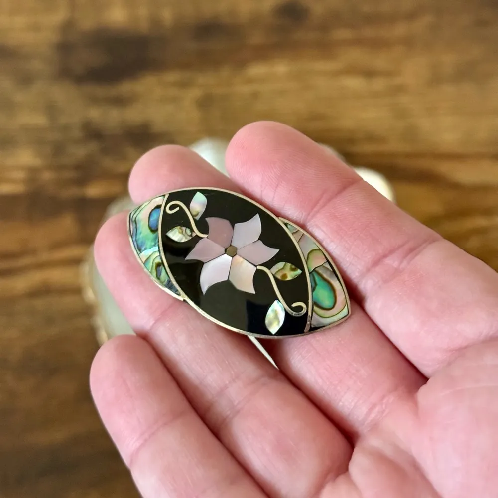 Alpaca Mexico Abalone Mother of Pearl Onyx Inlay Flower Brooch Pin Black - Image 5