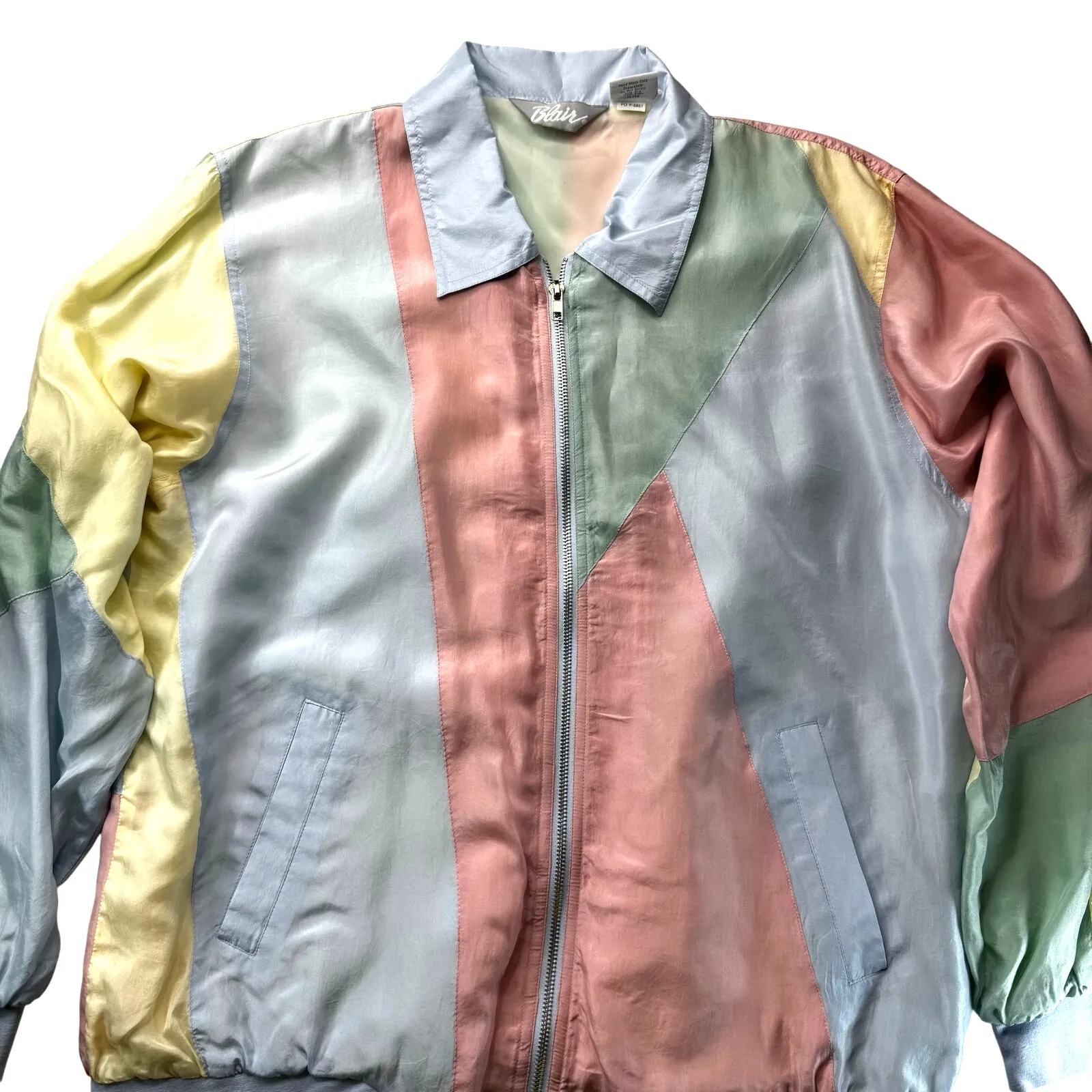 Vintage 90s Pastel Bomber Silk Colorblock Jacket Blair Med Soft Girl Coquette - Image 8