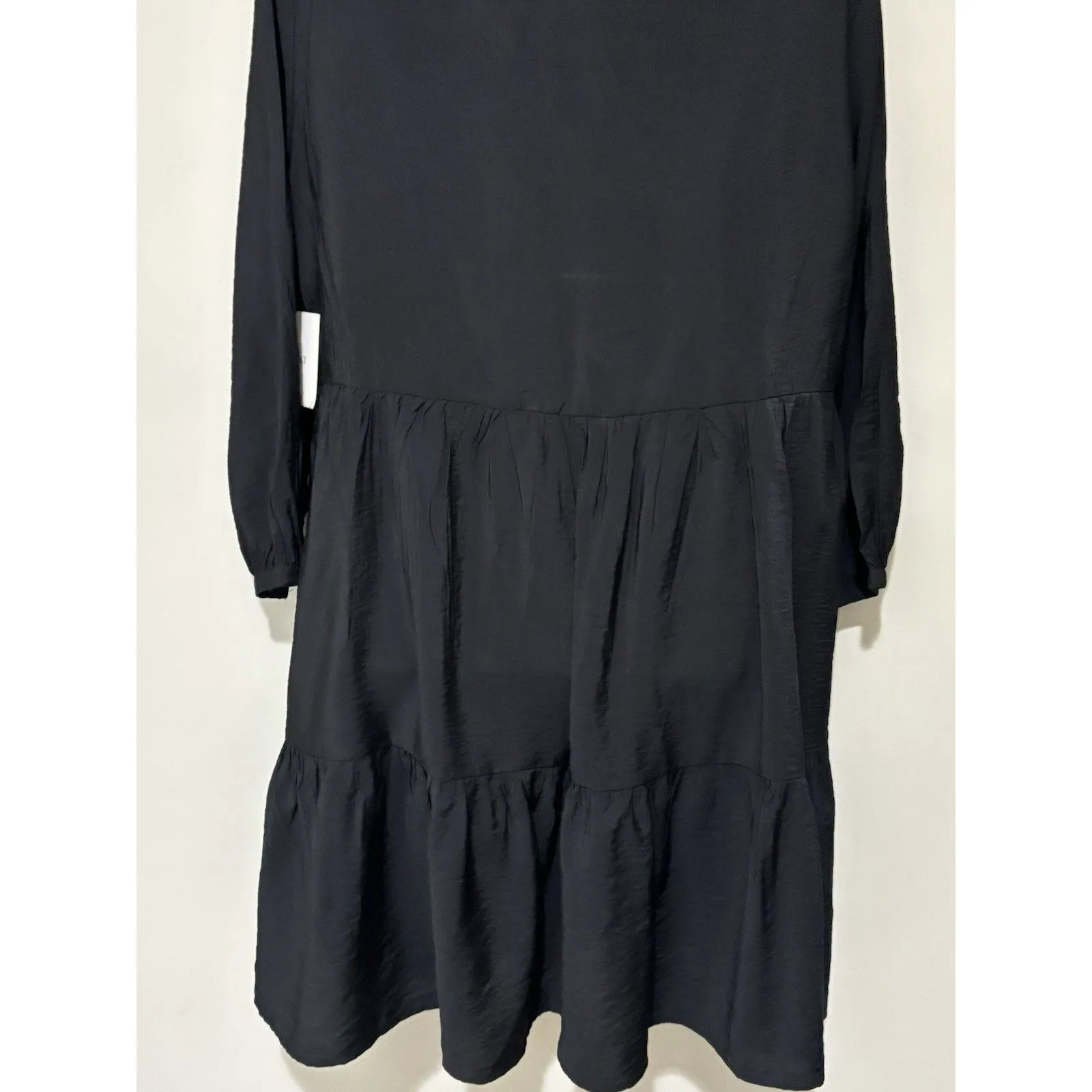 Ellen Tracy Women Black Casual Split Neck Tiered Sheer Flared Ruffled Dress M - Image 7