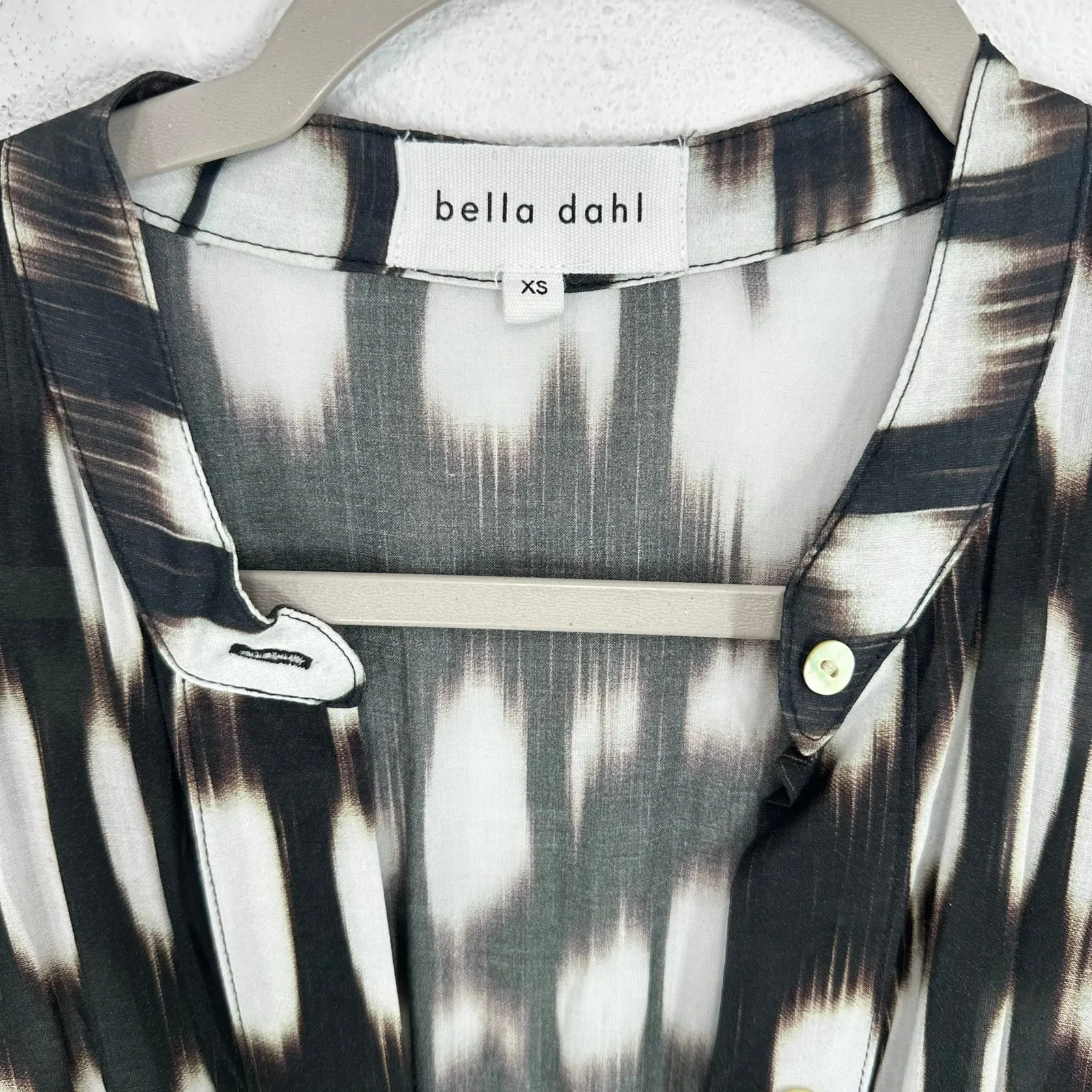 Bella Dahl XS Black White Print Rayon Maxi Dress Button Front Long Sleeve Resort - Image 7