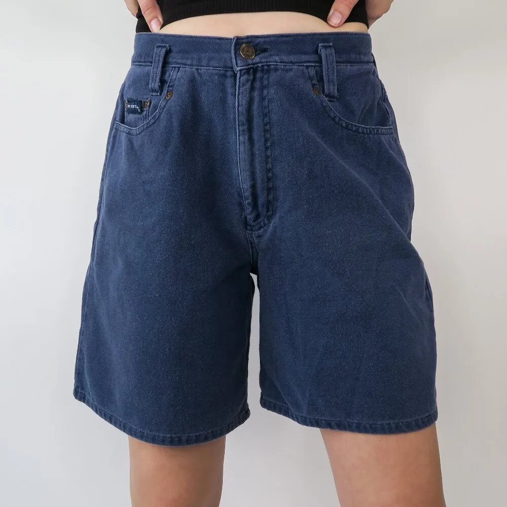 Vintage 80s Paris Sports Club Navy Blue High Waisted Denim Shorts Size 28 - Image 2
