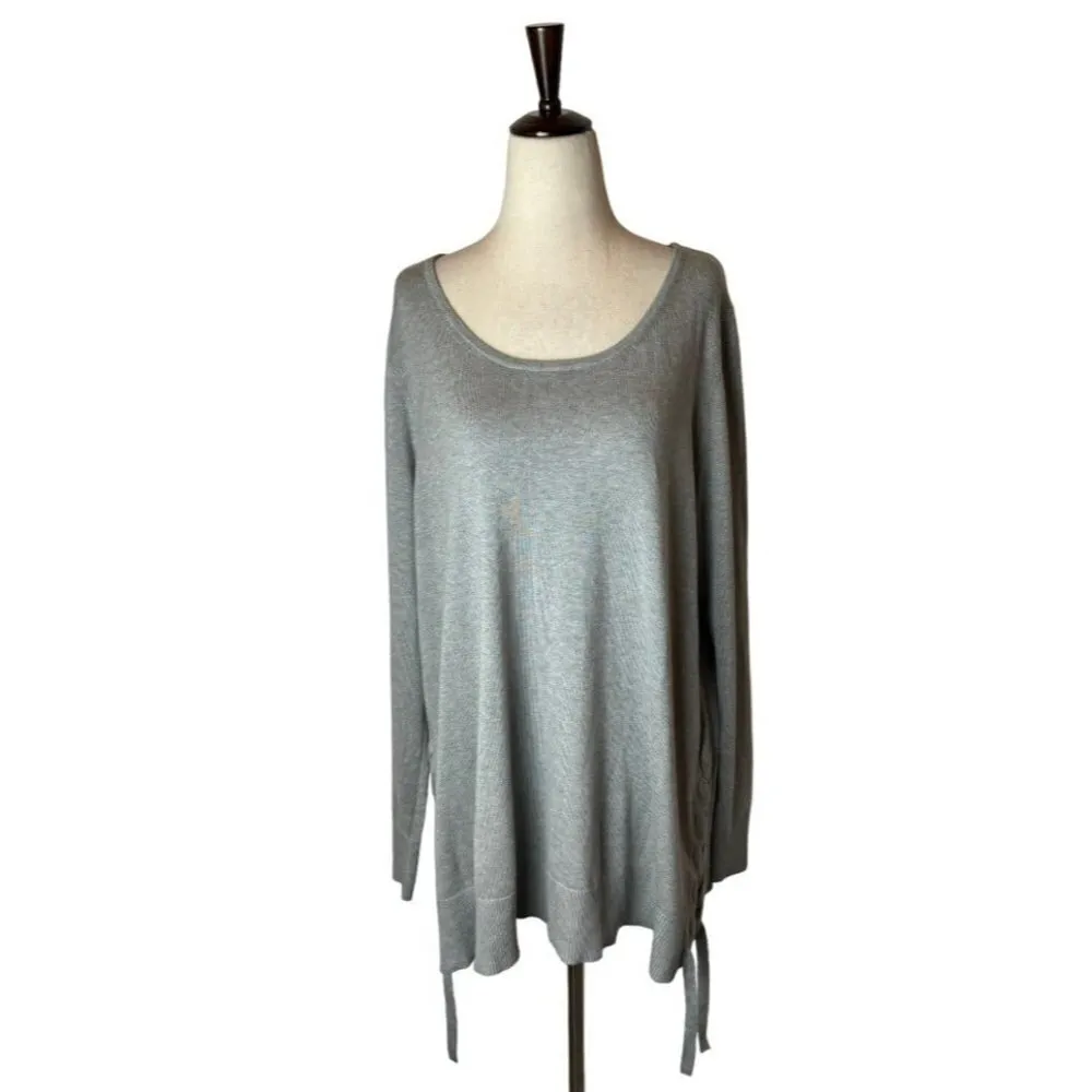 H By Halston Gray Knit Long Sleeve Round Neck Lace Up Side Sweater Size L‎ - Image 2