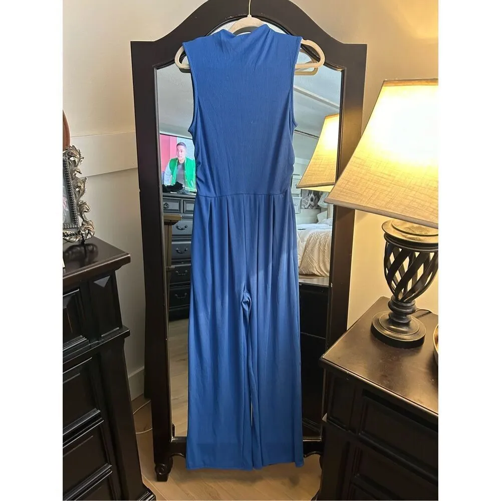 NEW Ribbed Jumpsuit Sleeveless Mock Neck Wide Leg Pants Pockets M Blue Size M - Image 6