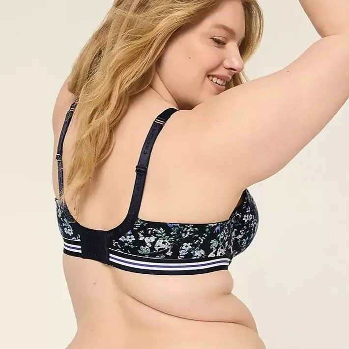 Cacique Blue Ditsy Floral Striped Trim Cotton Lightly Lined T-Shirt Bra 38DD - Image 3