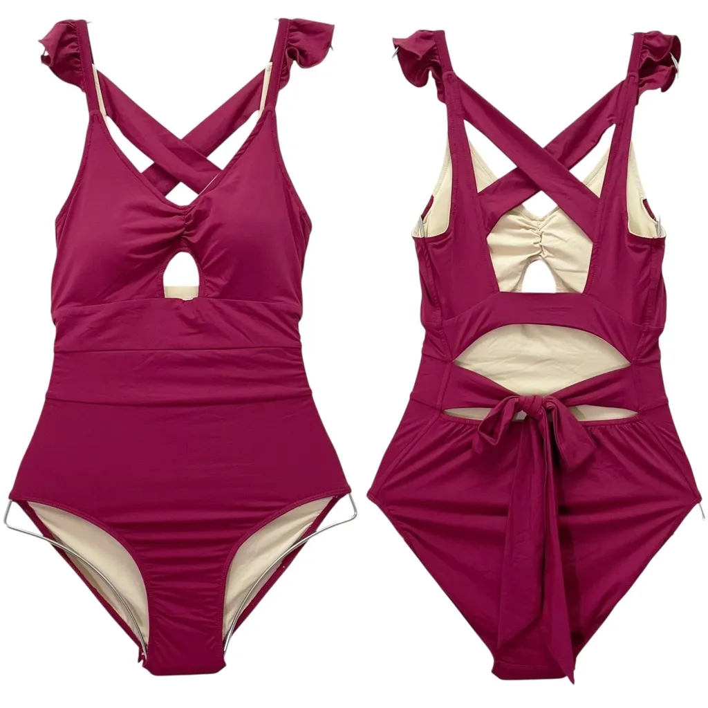 NWT Joyfolie Mia Joy Taryn One Piece Swimsuit Size XS Berry Wine Ruffle Tie Back Red - Image 14