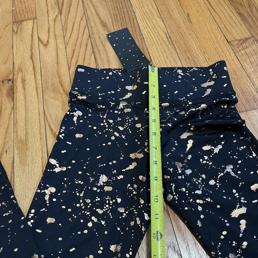 Terez NWT Black‎ Foil Print Tall Band Leggings Gold Splatter Size XS - Image 7