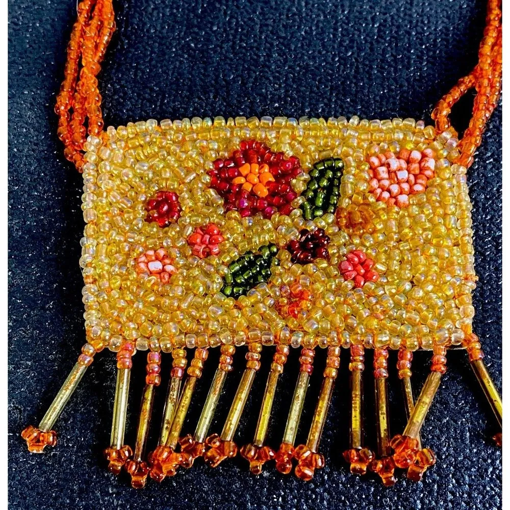 Vintage Tiny Glass Seed Beads Beaded Handbag Purse Bohemian 3Strand 16"Necklace - Image 6