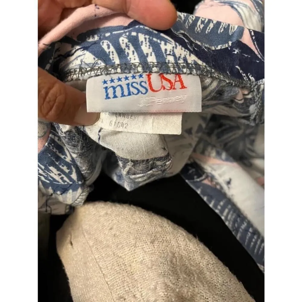 Women's Miss USA jcpenney Blue Pink cotton Floral tropical house coat blazer LG - Image 6