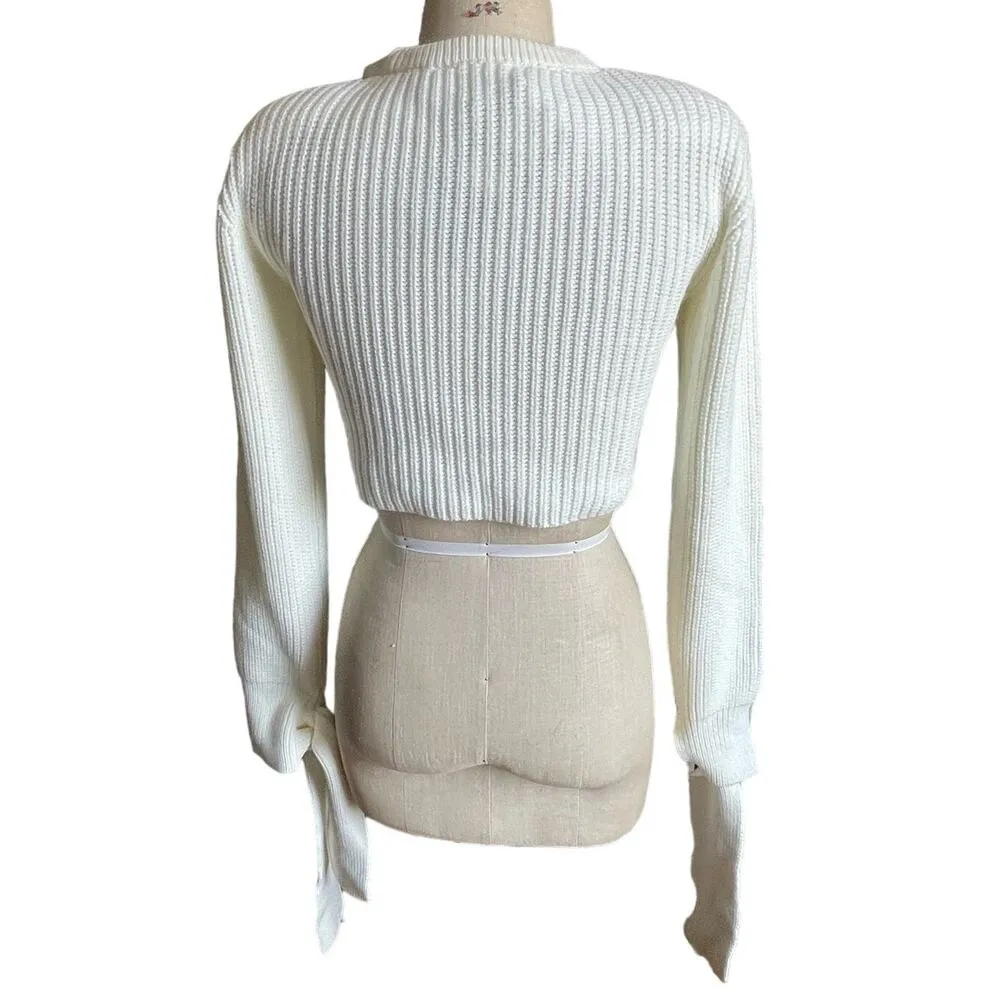 SELMACILEK Handmade Tie Detail Cropped Sweater in White Size XS X - Image 3