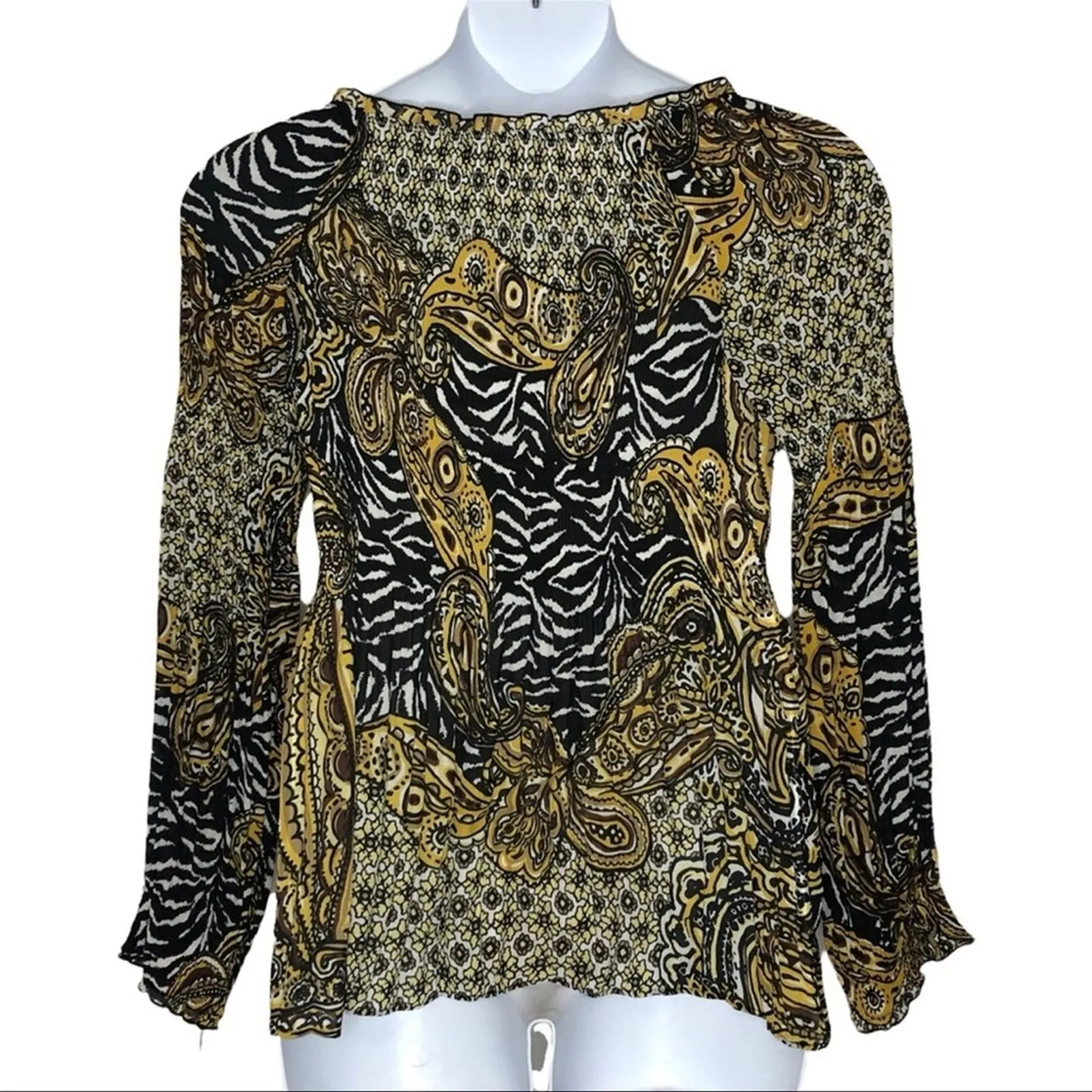 Sharagano Retro Crinkle Babydoll Blouse Brown Tan Textured Long Sleeve L - Image 13