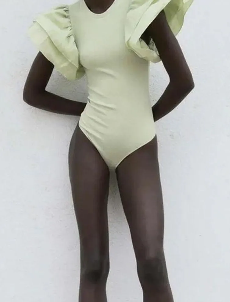 NWOT Zara Green Cotton Ribbed Ruffle Bodysuit Small - Image 3