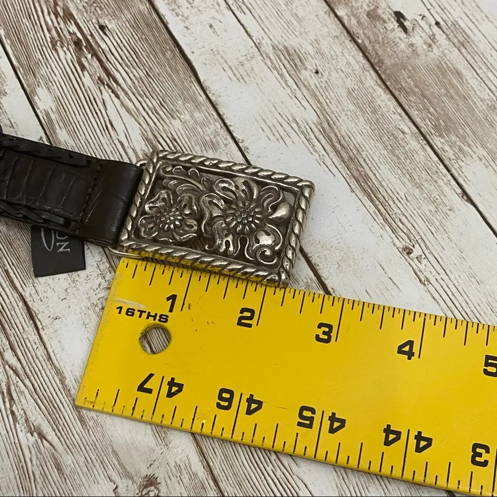 Black Croc Leather Floral Buckle Belt 32 - Image 8