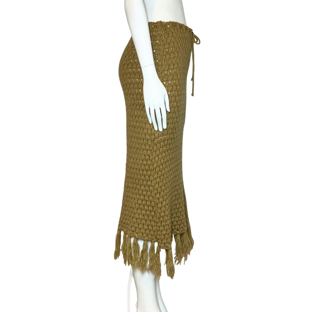Vintage 90s Italian Boho Knit Midi Skirt Camel Wool Blend Fringe Small Festival Tan - Image 7