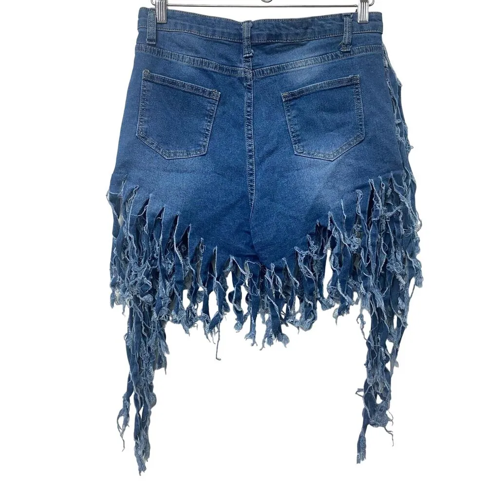 Women's Fringe Shorts Distressed Denim Short Size M Blue Grunge Handcut Size M - Image 2