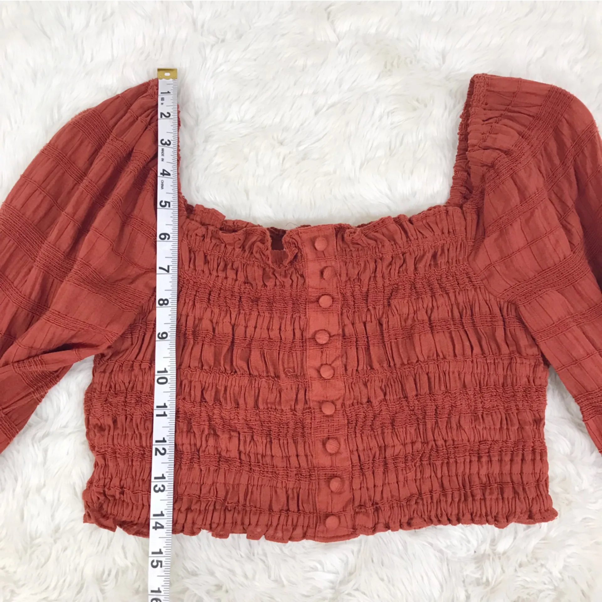GIANNI BINI Smocked Peasant Top Long Sleeve Burnt‎ Orange Rust Red Size XS New - Image 11