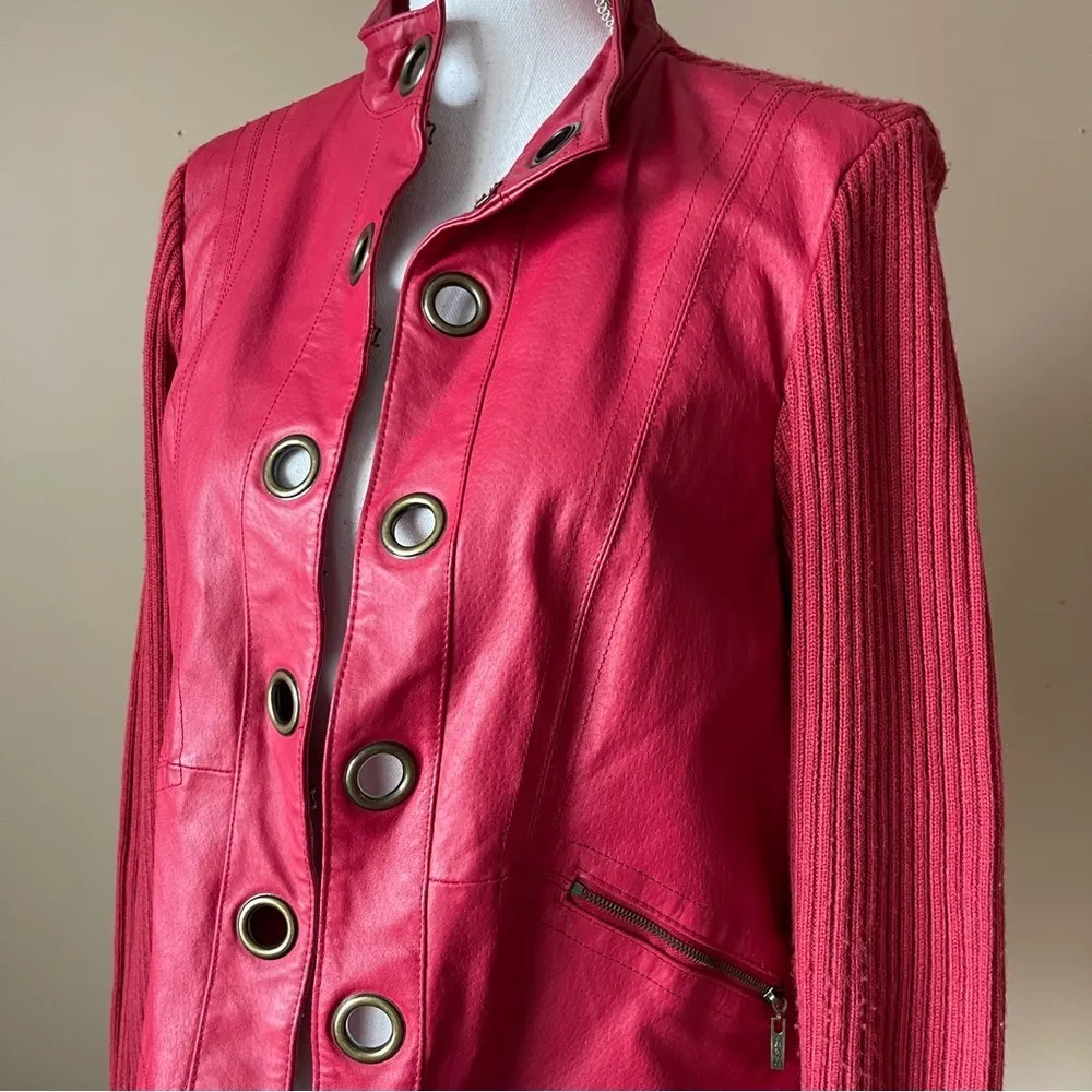LIVE A LITTLE | Red Genuine Leather Knit Jacket Sz S - Image 4