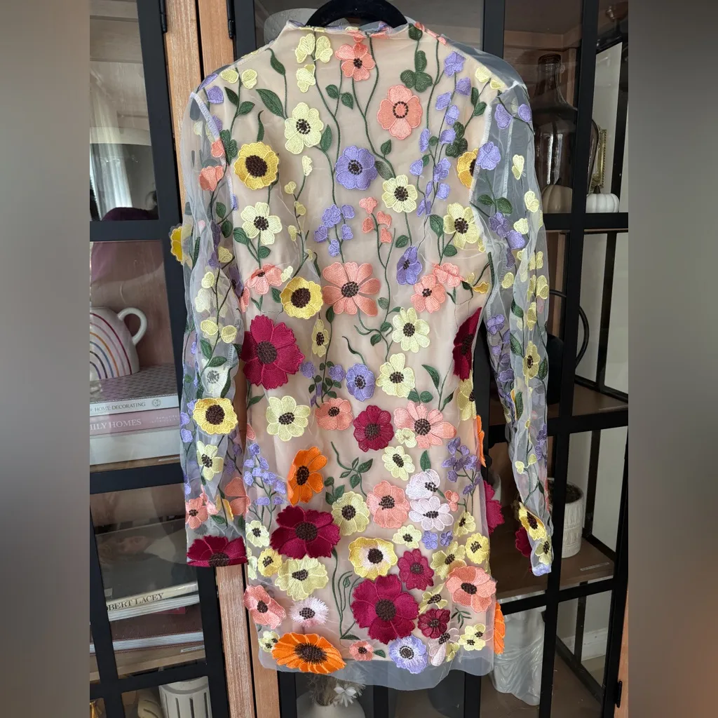3D flowers appliqué dress long sleeve mesh mock neck mini Oscarrenta embroidered - Image 8
